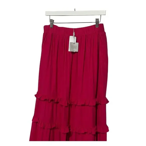 CUPIO WOMENS SIZE MEDIUM RUFFLE TIERED LINED MAXI SKIRT BRIGHT ROSE PINK NEW - Picture 6 of 11